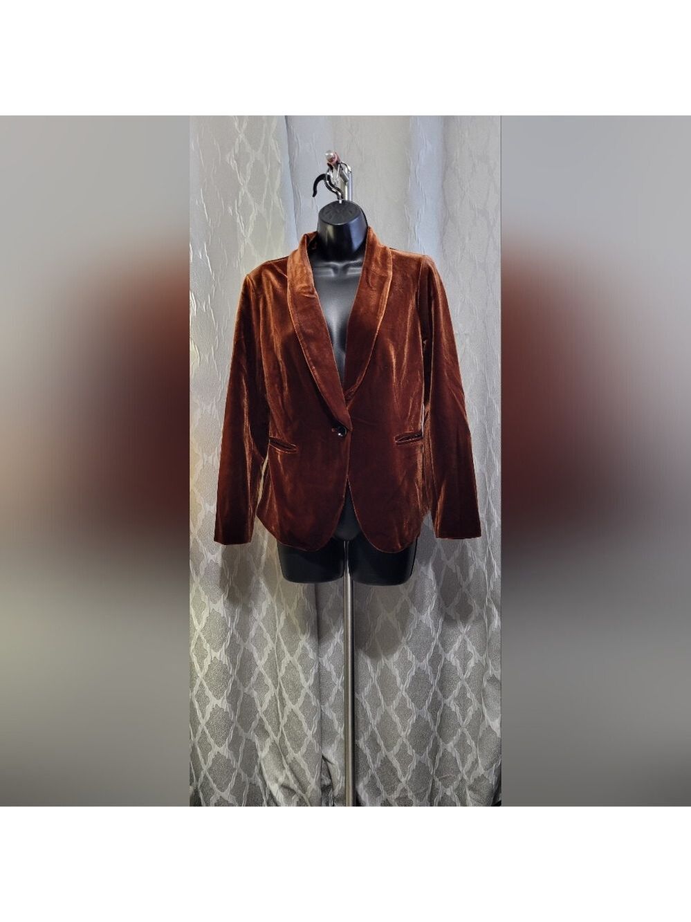 Allegra K | Solid Shawl Collar Single Button Brown Velvet Blazer | Size S - Picture 6 of 8